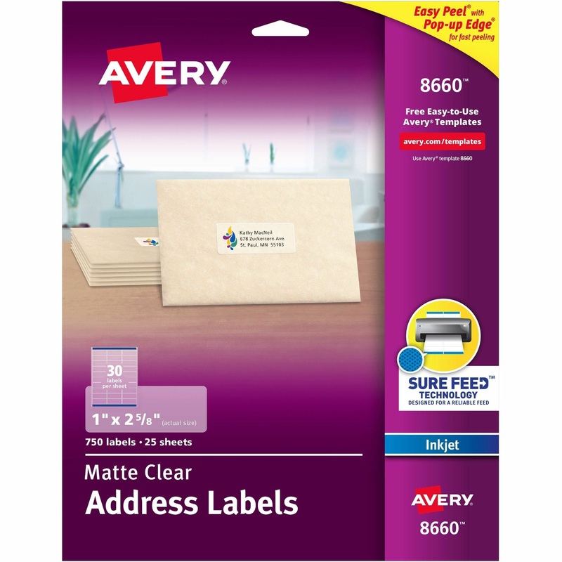 Avery Easy Peel Inkjet Printer Mailing Labels – 1″ Width x 2 5/8″ Length – Permanent Adhesive – Rectangle – Inkjet – Clear – Film – 30 / Sheet – 25 Total Sheets – 750 Total Label(s) – 750 / Pack