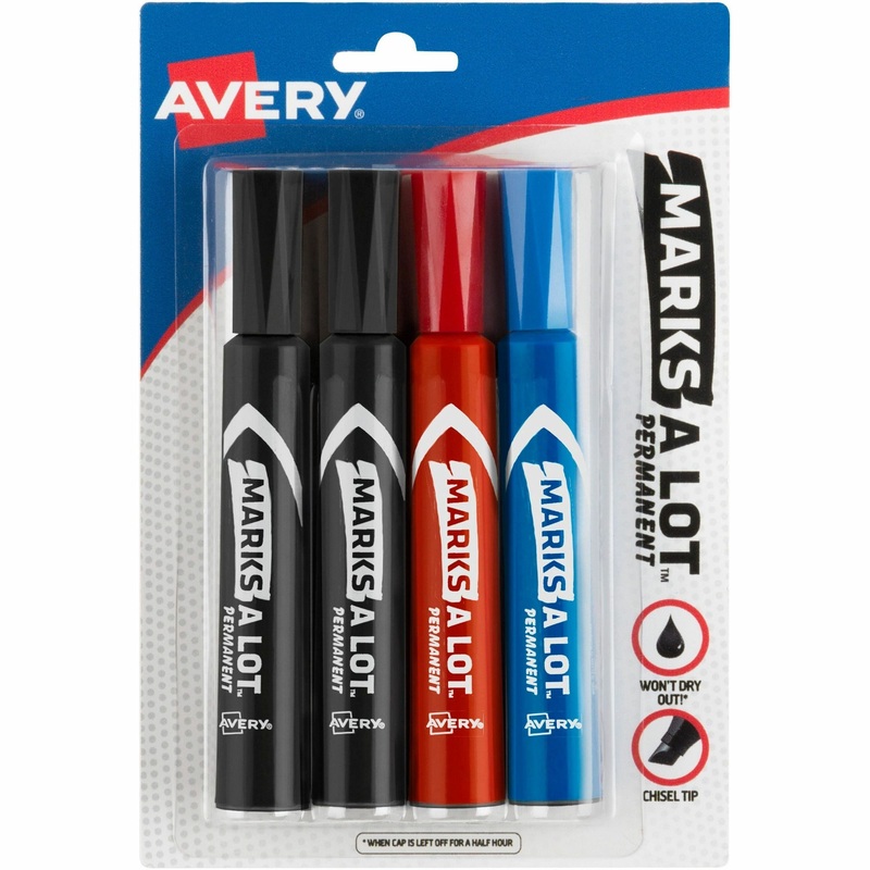 Avery Marks A Lot Permanent Markers – Regular Chisel Marker Point – Black, Blue, Red Ink – Black, Blue, Red Barrel – 4 / Pack