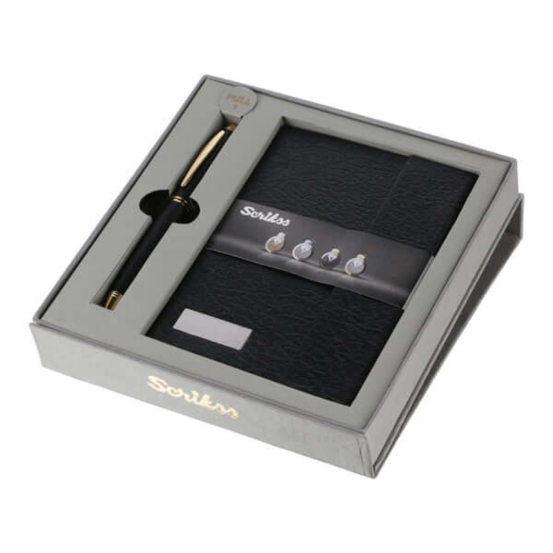 Scrikss Knight Ball Pen With Notebook Combo Gift Set, Matte Black / Gold Trim
