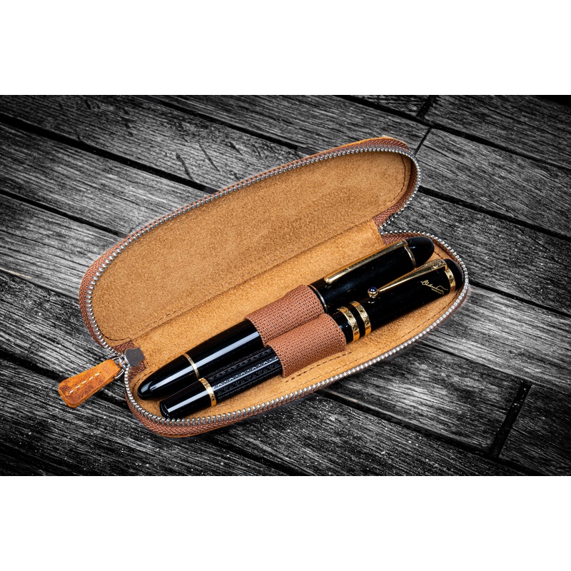 Leather Zippered Duo Slim Pen Case for 2 Pens – Crazy Horse Brown