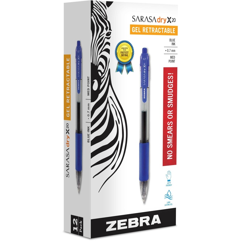 Zebra SARASA dry X20 Retractable Gel Pen – 0.7 mm Medium Pen Point – Refillable – Retractable – Blue Ink – Pigment-based – Translucent Barrel – 1 Dozen
