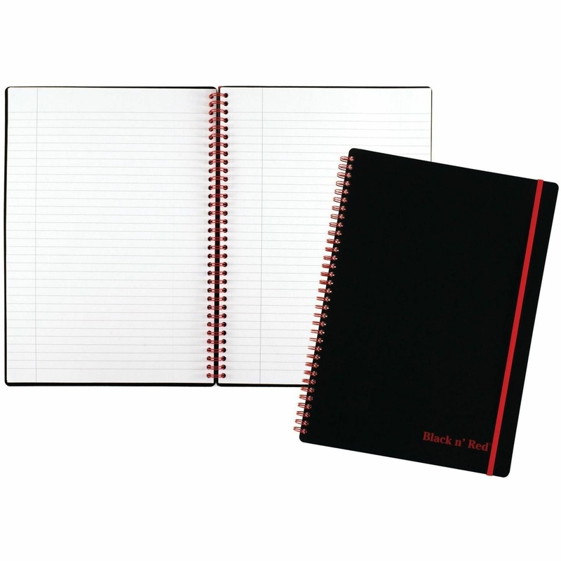 Black n’ Red Soft Cover Business Notebook – 70 Sheets – Twin Wirebound – Ruled Margin – 24 lb Basis Weight – 8 1/4″ x 11 3/4″ Sheet Size – White Paper – Red Binding – Black Polypropylene Cover – Perforated, Flexible Cover, Wipe-clean Cover, Strap – 1 Each