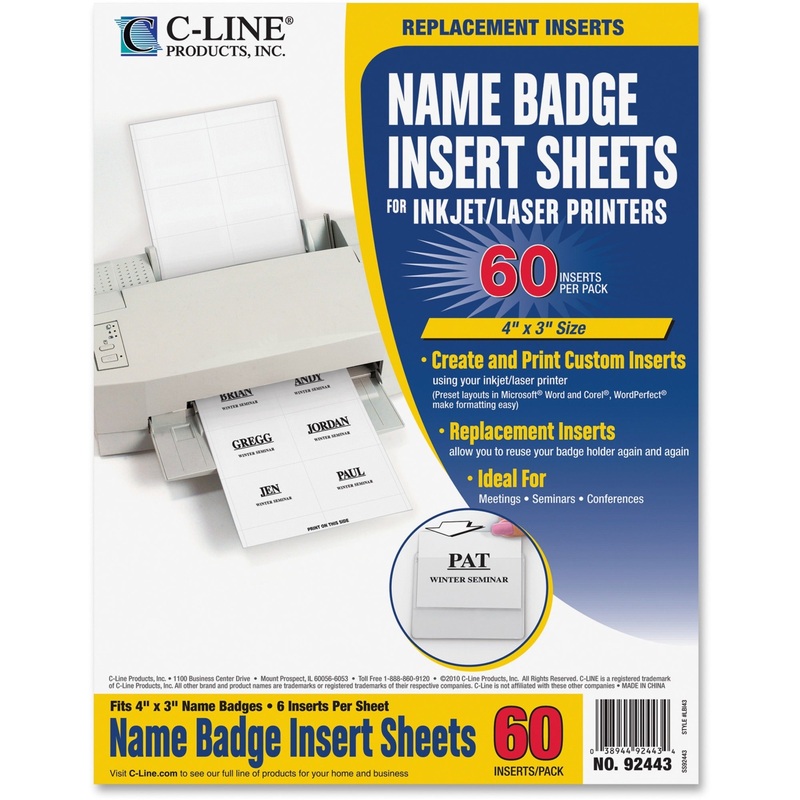 C-Line Laser/Inkjet Badge Insert Refills – 4″ Width x 3″ Length – Rectangle – Laser, Inkjet – White – 6 / Sheet – 60 / Pack