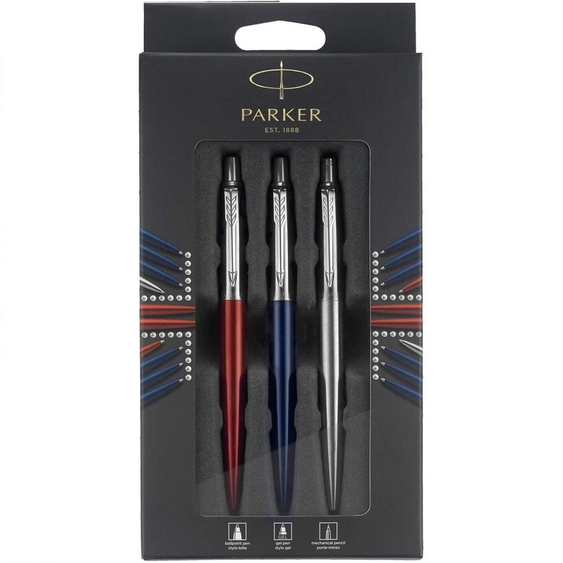 Parker 3-Piece Jotter Set, Blue Ballpoint Pen, Red Gel Pen, Stainless Pencil