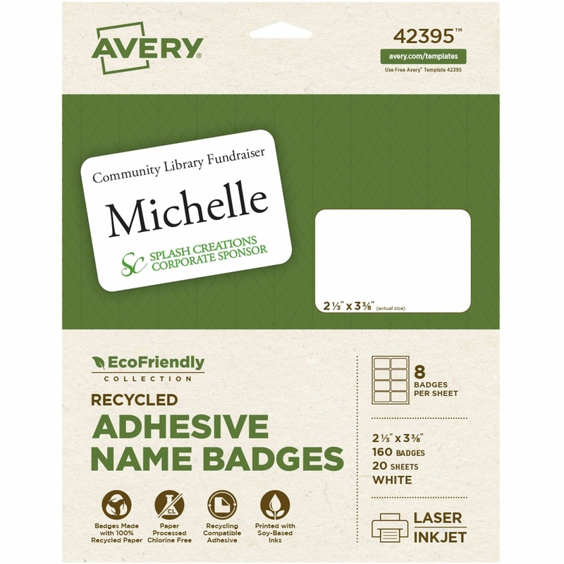 Avery Eco-friendly Premium Name Badge Labels – 2 21/64″ Width x 3 3/8″ Length – Removable Adhesive – Rectangle – Laser, Inkjet – Matte – White – Paper – Recyclable, PVC-free, Removable, Chlorine-free, Self-adhesive, Water Based, Stick & Stay, Customi