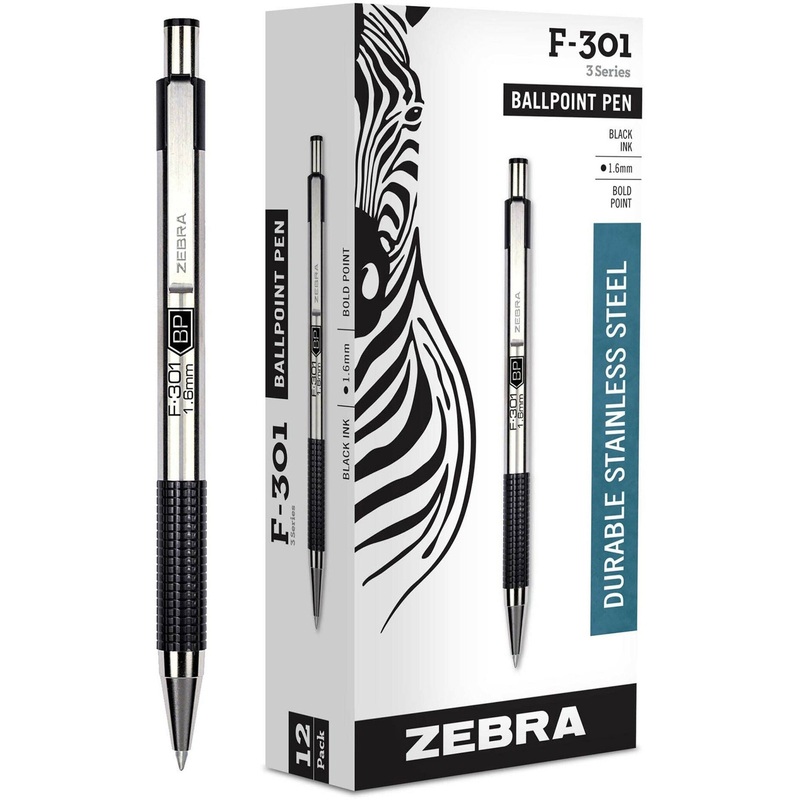 Zebra STEEL 3 Series F-301 Retractable Ballpoint Pen – 1.6 mm Bold Pen Point – Refillable – Retractable – Black Ink – Stainless Steel Barrel – 1 Dozen