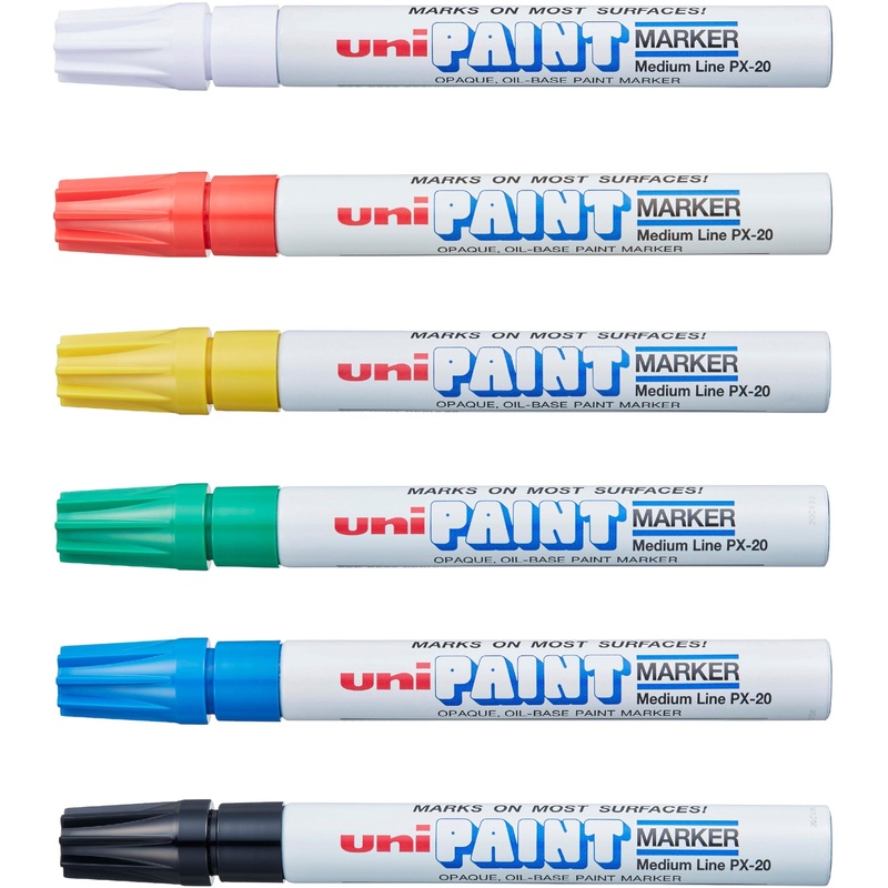 uniball uni-Paint PX-20 Oil-Based Paint Marker – Medium Marker Point – Assorted, Blue, Red, Green, Yellow, Black Ink – Oil Based – White Barrel – 6 / Set
