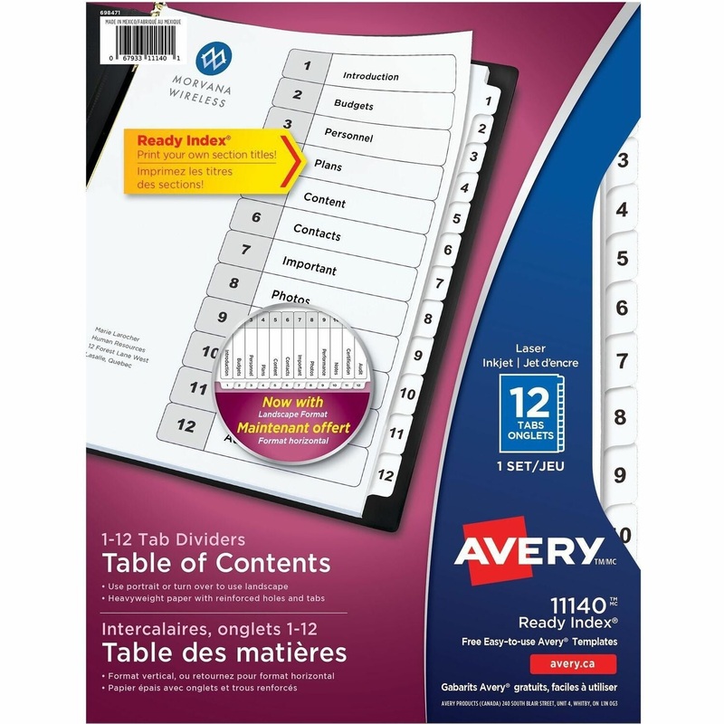 Avery Ready Index Table of Content Dividers for Laser and Inkjet Printers, 12 tabs – 12 x Divider(s) – 1-12 – 12 Tab(s)/Set – 8.5″ Divider Width x 11″ Divider Length – 3 Hole Punched – White Paper Divider – White Paper Tab(s) – 12 / Set