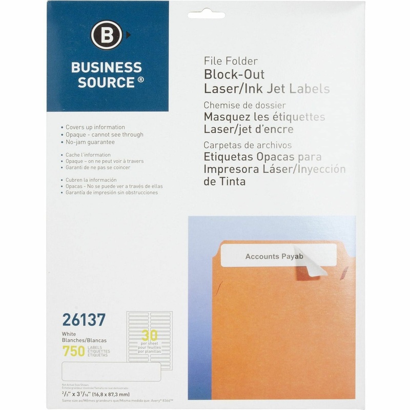 Business Source Block-out File Folder Labels – 3 7/16″ Length – Permanent Adhesive – Laser, Inkjet – White – Lignin-free – 30 / Sheet – 750 / Pack