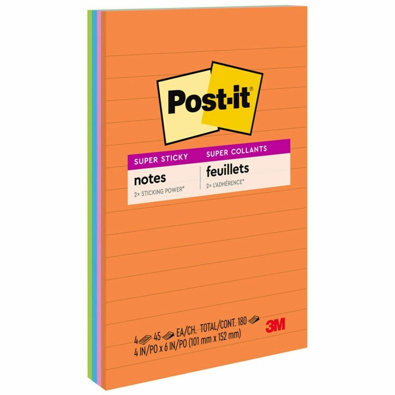 Post-it Super Sticky Notes – Energy Boost Color Collection – 180 – 4″ Flag/Note Width x 6″ Flag/Note Length – Rectangle – 45 Sheets per Pad – Ruled – Vital Orange, Tropical Pink, Blue Paradise, Limeade – Paper – Self-adhesive, Repositionable – 4 / Pa