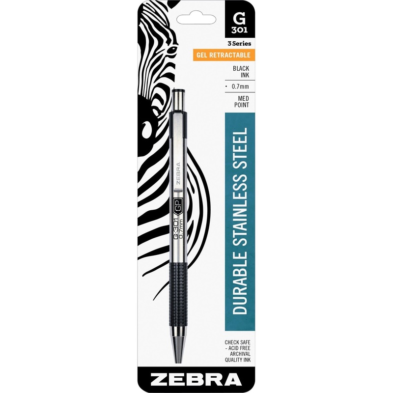 Zebra STEEL 3 Series G-301 Retractable Gel Pen – 0.7 mm Medium Pen Point – Refillable – Retractable – Black Ink – Gel-based – Stainless Steel Barrel – 1 Each