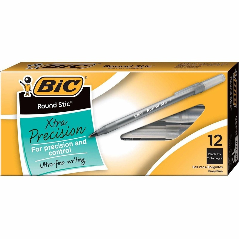 BIC Round Stic Ballpoint Pens – Fine Pen Point – Black Ink – Frost Barrel – 1 Dozen