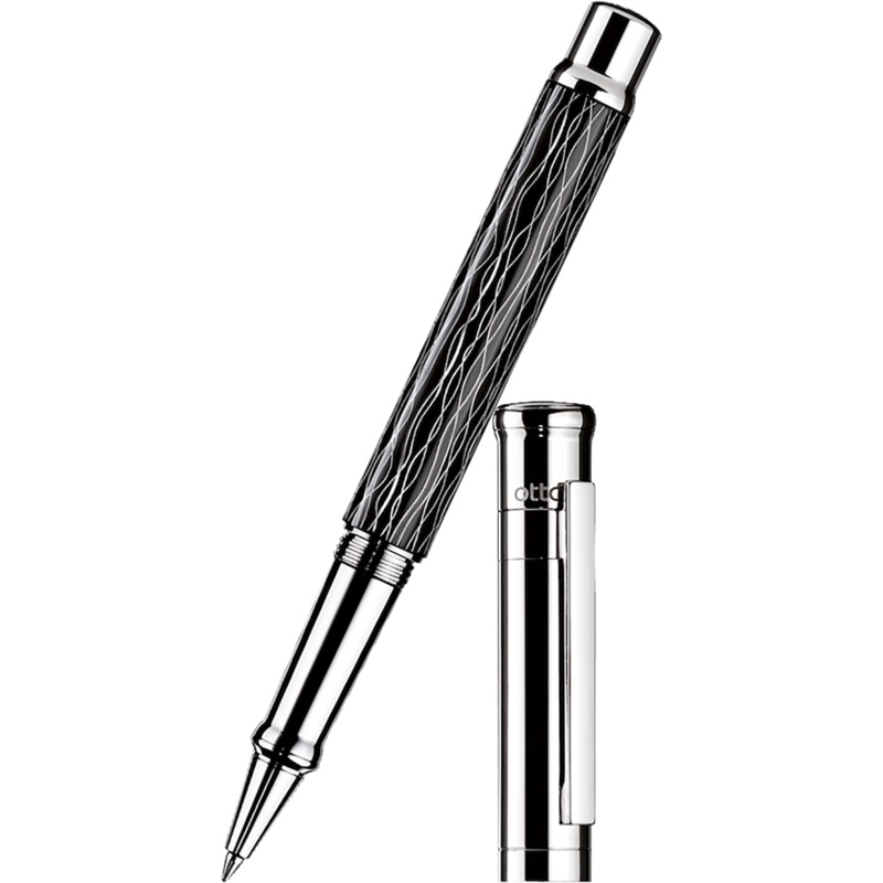Otto Hutt Design 4 Rollerball Pen – Black Wave – Platinum Trim