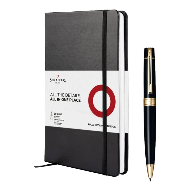 Sheaffer Gift Set – 300 Series Glossy Black GT Ball Pen with A5 Black Notebook