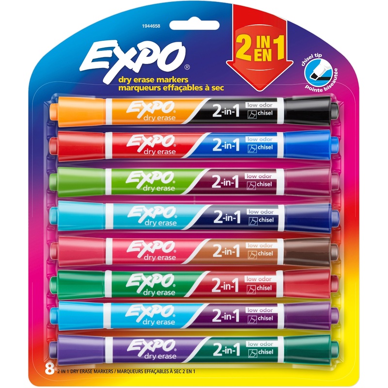Expo 2-in-1 Dry Erase Markers – Chisel Marker Point – Assorted Ink – 8 / Pack