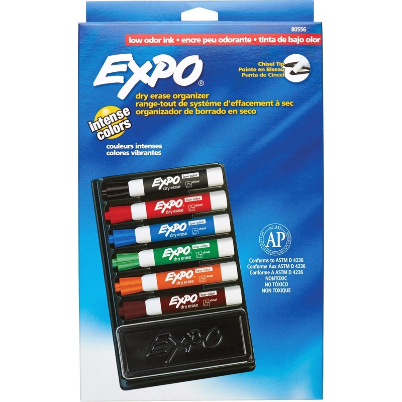 Expo 7-piece Dry Erase Organizer Kit – Fine Chisel Marker Point – Red, Blue, Green, Orange, Brown, Black Ink – Assorted Barrel – 6 / Set