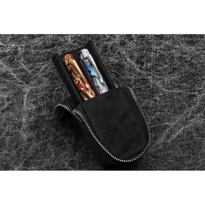 Leather Zippered Magnum Opus 2 Slots Hard Pen Case with Removable Pen Tray – Black