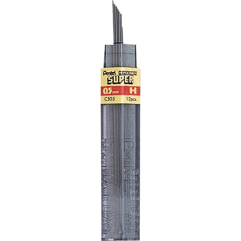 Pentel Super Hi-Polymer Leads – 0.5 mm , Fine Point – H – Black Lead – 12 / Tube