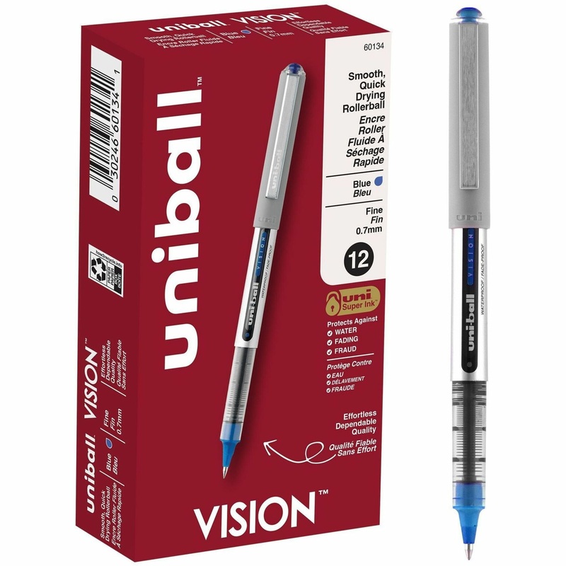 uniball Vision Rollerball Pens – 0.7 mm Fine Pen Point – Blue Ink – Pigment-based – 1 Dozen