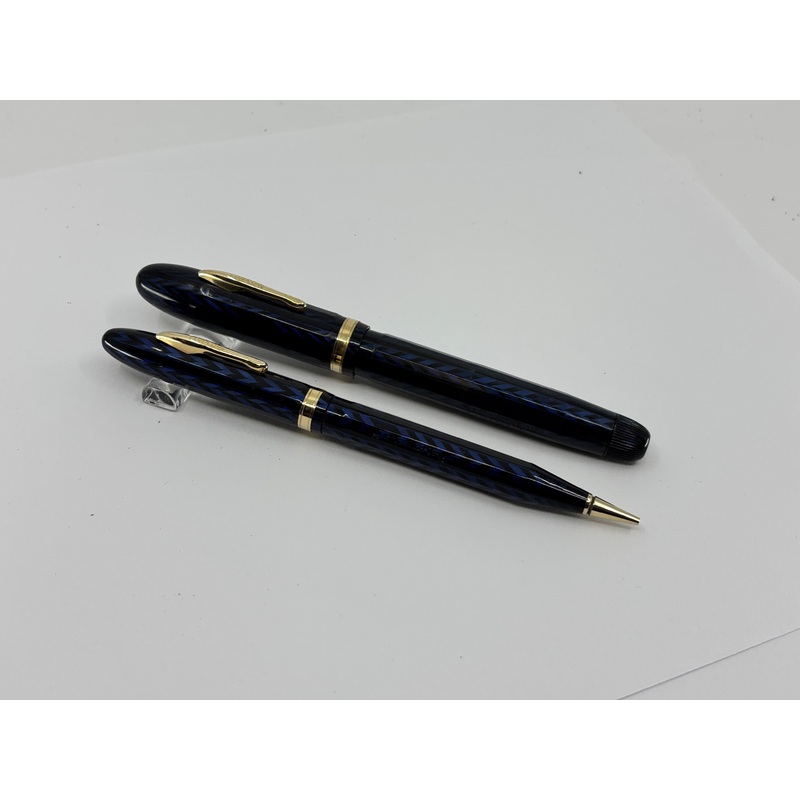 Conklin Largest Nozac SET Herringbone Blue/Black Fountain Pen and Pencil – Circa 1935