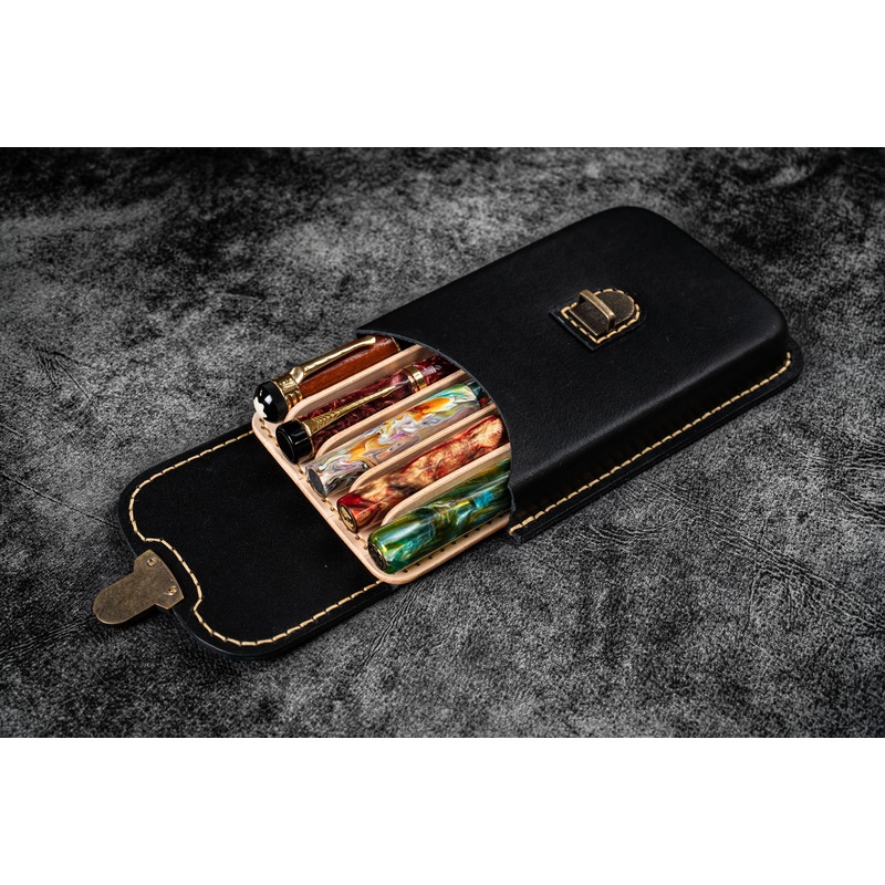 The Old School – Leather Molded Pen Case for 5 Pens – Black