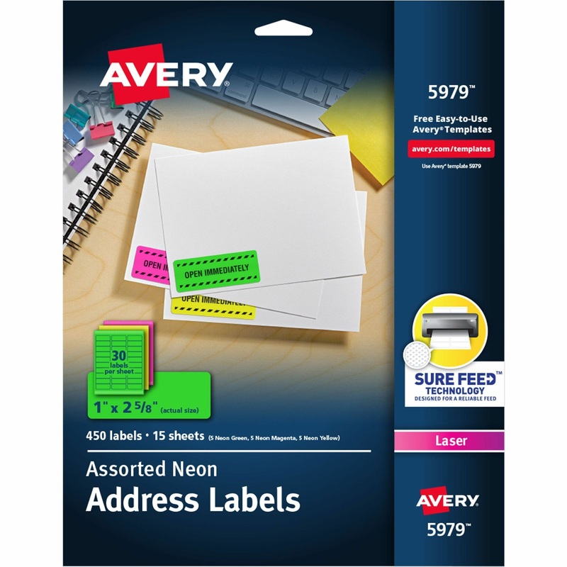 Avery Shipping Labels – 1″ Width x 2 5/8″ Length – Permanent Adhesive – Rectangle – Laser, Inkjet – Matte – Neon Magenta, Neon Green, Neon Yellow – Paper – Permanent Adhesive, Jam Resistant, Stick & Stay, Smudge Resistant, Smear Resistant – 30 / Shee