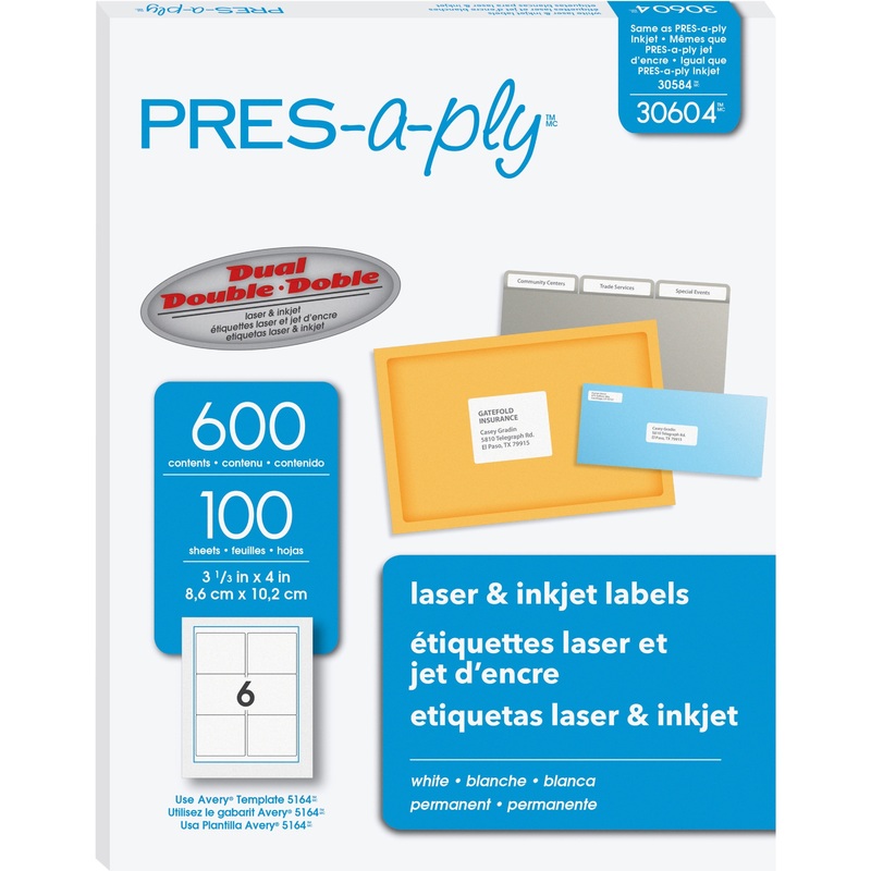 PRES-a-ply White Labels – 3 21/64″ Width x 4″ Length – Permanent Adhesive – Rectangle – Laser, Inkjet – White – Paper – 6 / Sheet – 100 Total Sheets – 600 Total Label(s) – 600 / Box