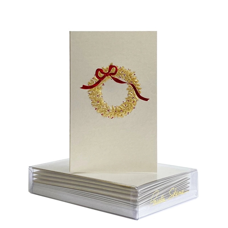 Paula Skene Wreath with Bow Gold on Citrine Christmas Mini Note Card