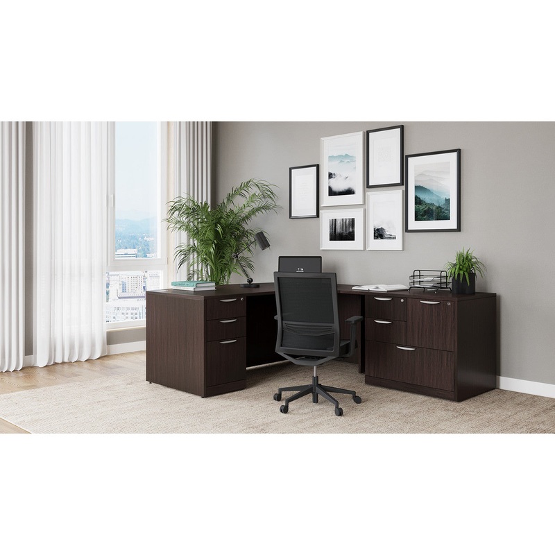 OS Laminate L Shape Desk with Drawer Pedestal & Lateral File Cabinet Coastal Gray