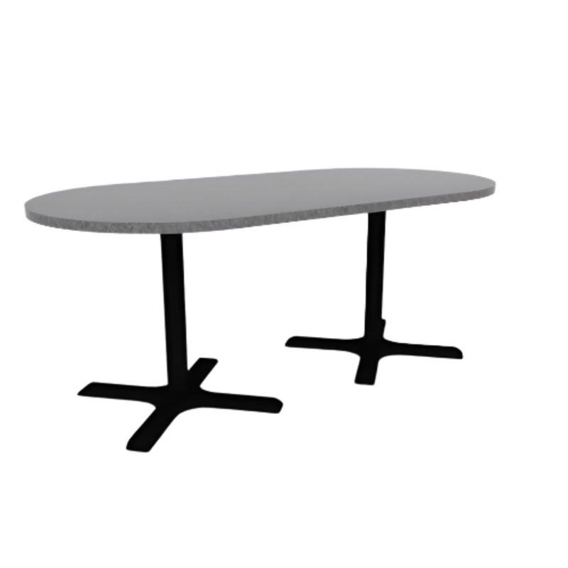 Proof 36″ x 72″ Racetrack Pedestal Cafe Table with Cast Iron X-Base Pair HPL Top