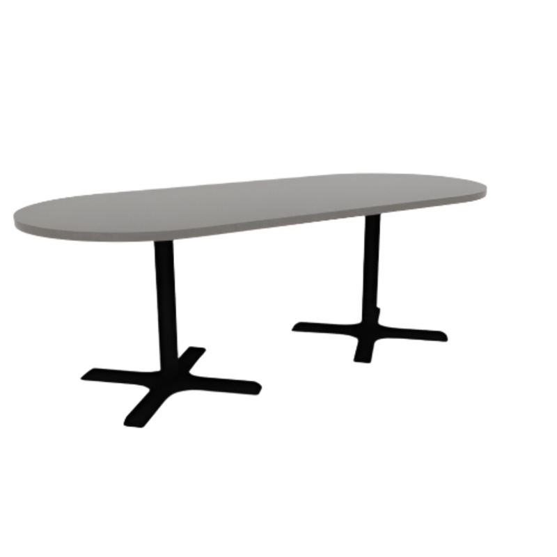 Proof 36″ x 84″ Racetrack Pedestal Cafe Table with X-Base Pair HPL Top Knife Edge