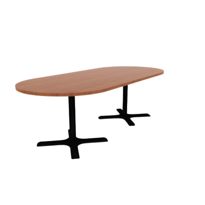 Proof 42″ x 96″ Racetrack Pedestal Cafe Table with Cast Iron X-Base Pair HPL Top