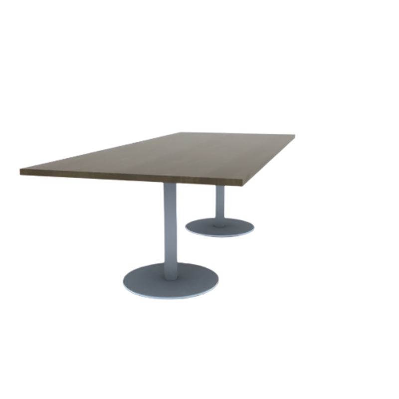 Proof 42″ x 96″ Rectangle Pedestal Cafe Table with Round Stainless Steel Base Pair Solid Wood Top
