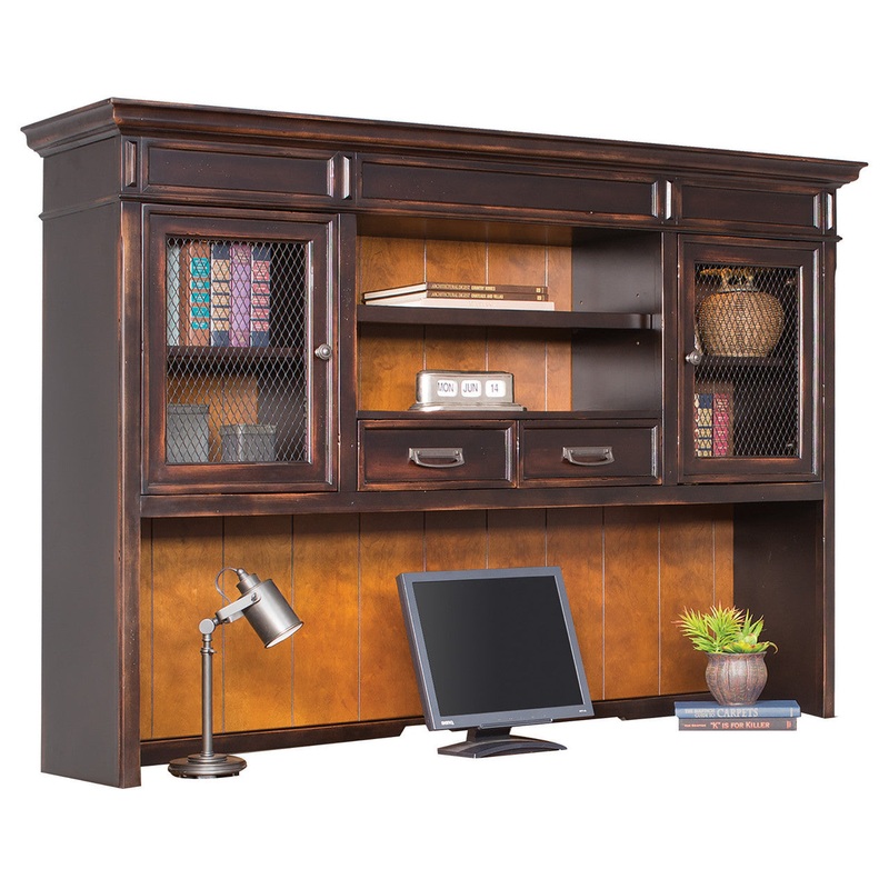Refined Executive Hutch with Touch Activated Lighting Vintage Black with Wood Plank Tops