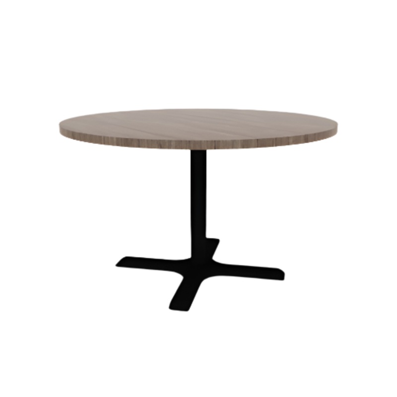 Proof 48″ Dia Round Pedestal Cafe Table with Cast Iron X-Base HPL Top