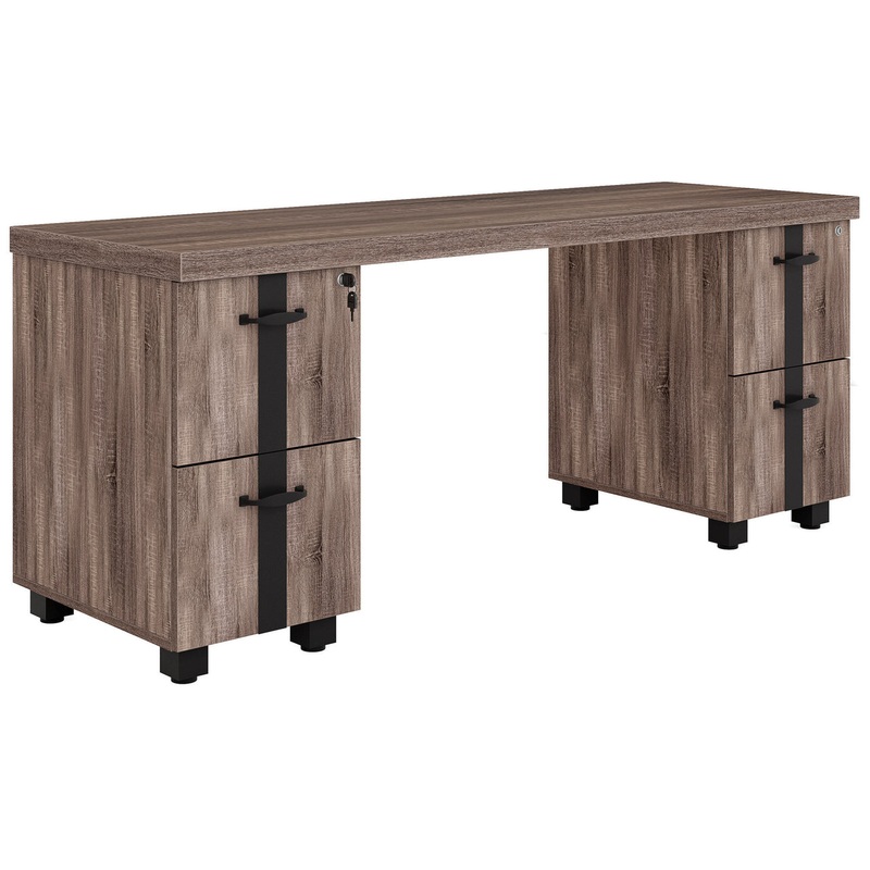 Riveted Double Pedestal Credenza Desk Distressed Brown
