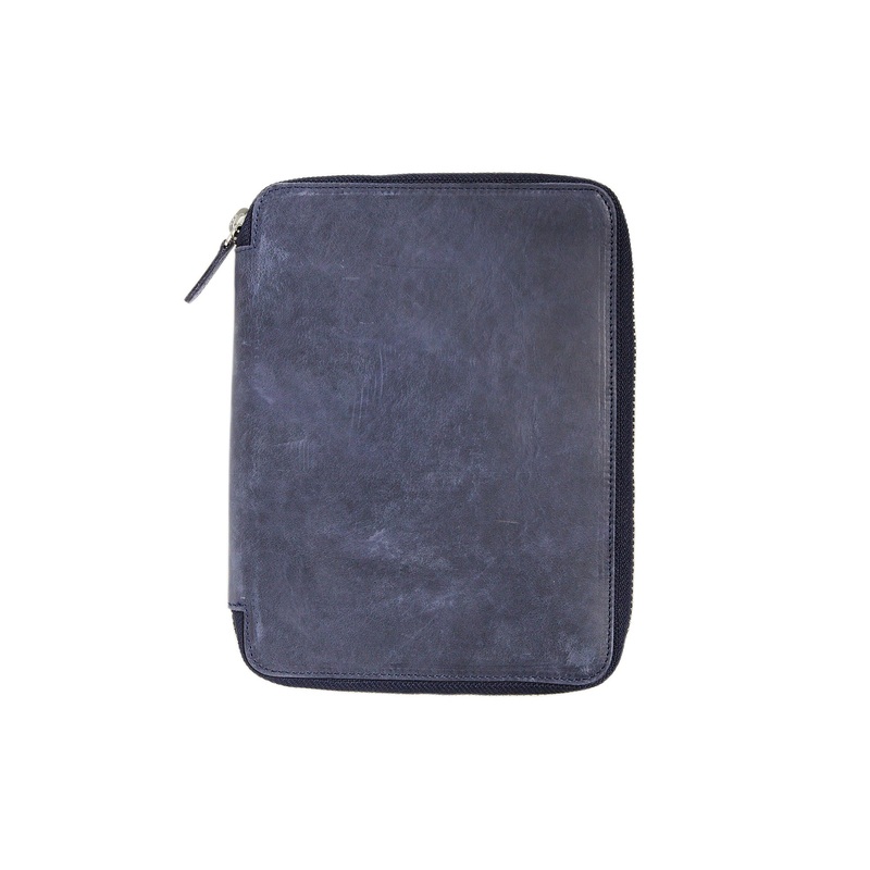 Galen Leather Zippered A5 Notebook Folio – Crazy Horse Navy Blue