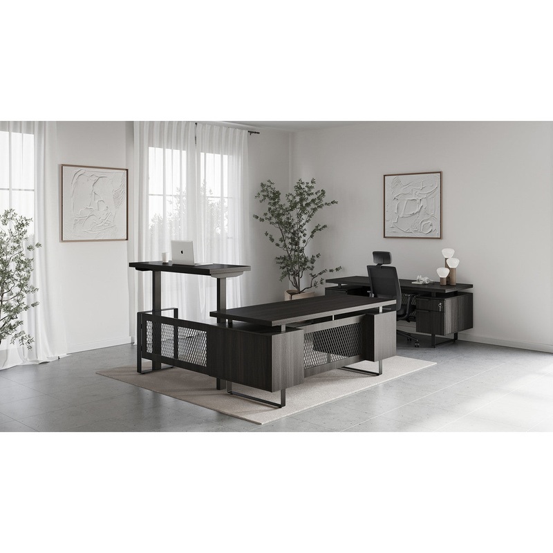 Palisades L Shape Height Adjustable Desk with Double Pedestal Credenza Desk Gauntlet Gray