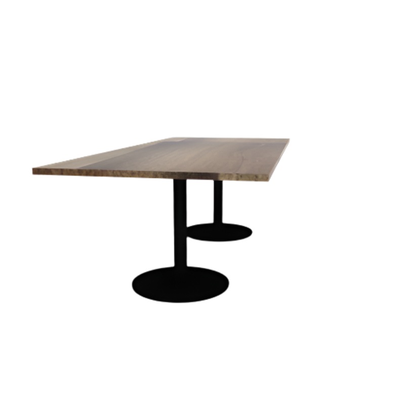 Proof 42″ x 96″ Rectangle Pedestal Cafe Table with Round Steel Base Pair Solid Wood Top
