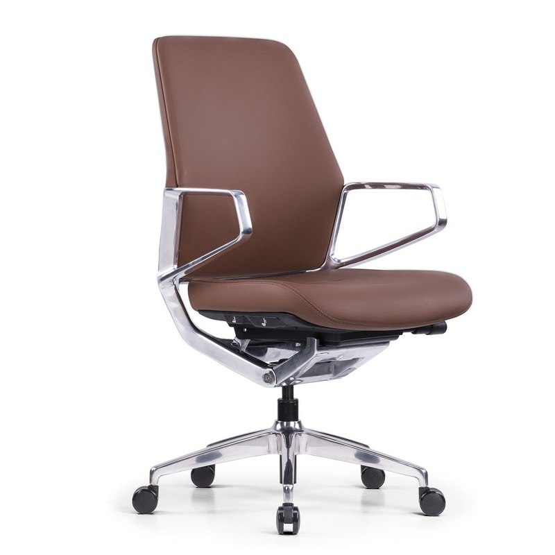 Veneto Executive Mid Back Chair with Polished Aluminum Frame Caramel Microfiber Leather Chrome