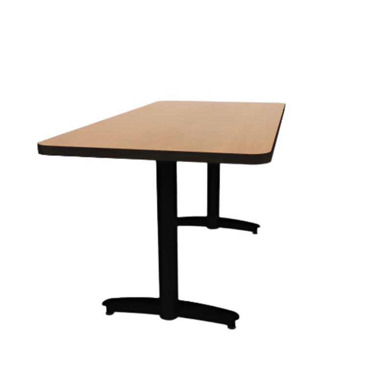 Proof 30″ x 60″ Rectangle Pedestal Cafe Table with Arched T-Legs Pair HPL Top T-Mold Edge