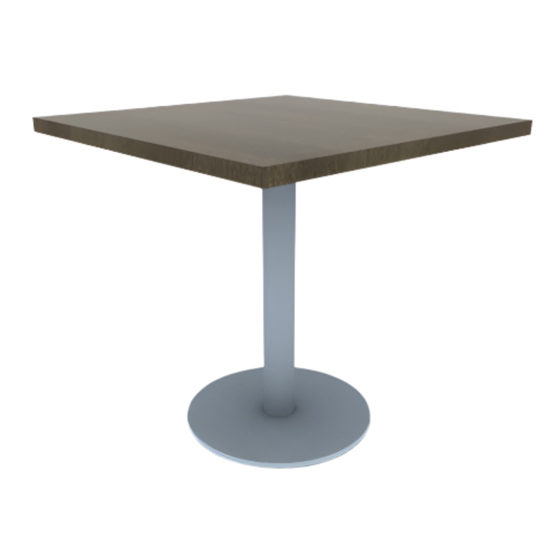 Proof 30″ Square Pedestal Cafe Table with Round Stainless Steel Base Solid Wood Top