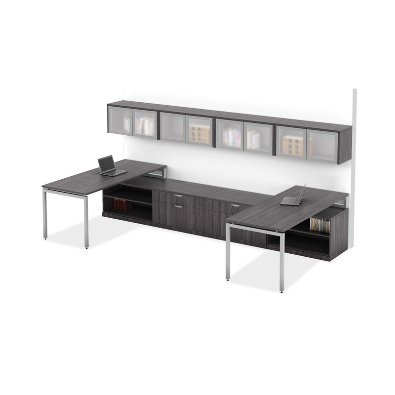 Variant Double Desk Office Workstation with Overhead Storage & Personal Cabinet Coastal Gray