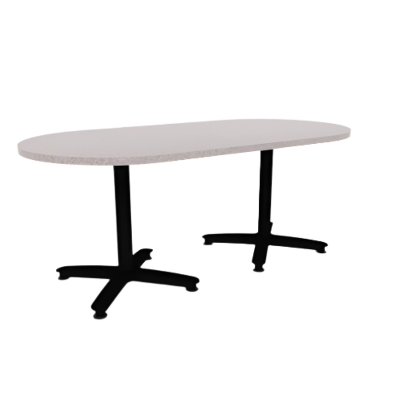 Proof 36″ x 72″ Racetrack Pedestal Cafe Table with Cast Iron Arched Base Pair HPL Top