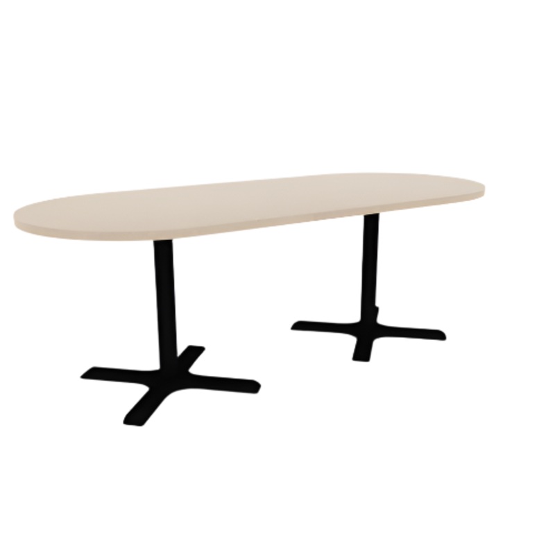 Proof 36″ x 84″ Racetrack Pedestal Cafe Table with X-Base Pair HPL Top 3MM PVC Edge