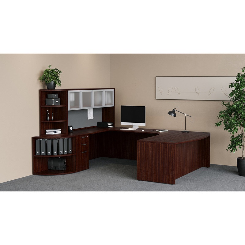 OS Laminate Modern U Shape Executive Desk with Bookcase, Hutch & Full Pedestals Coastal Gray