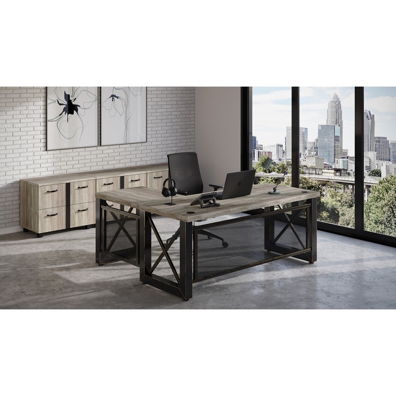 Riveted L Shaped Executive Office Desk with Storage Drawers Distressed Brown