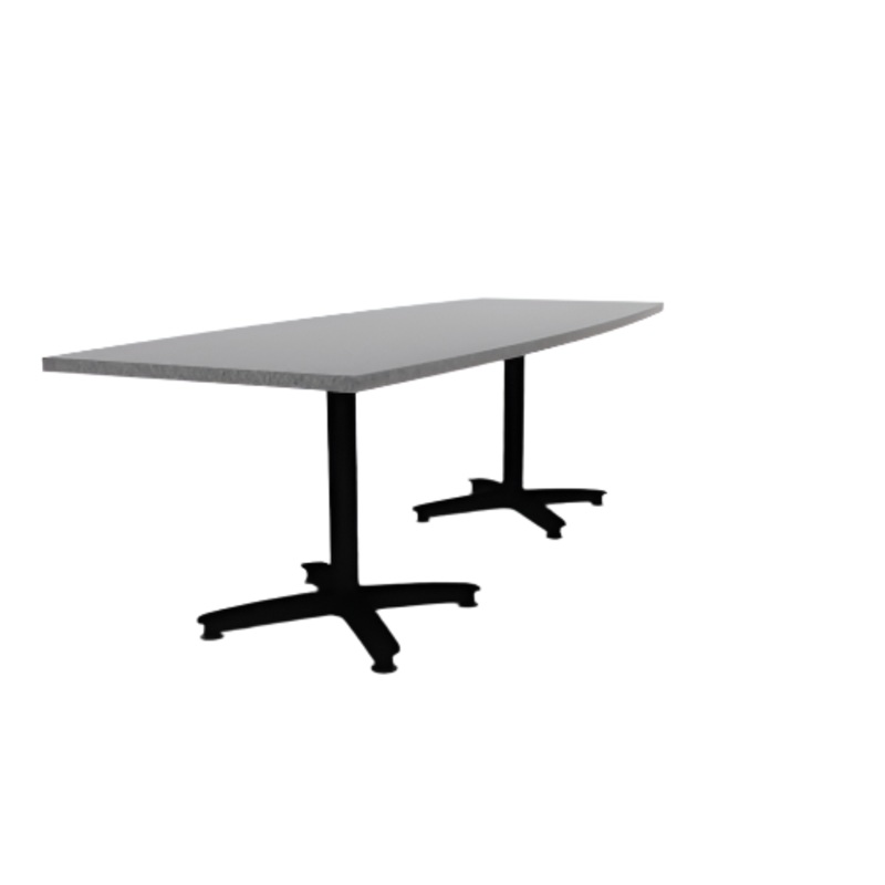 Proof 36″ x 96″ Boat Pedestal Cafe Table with Cast Iron Arched Base Pair HPL Top