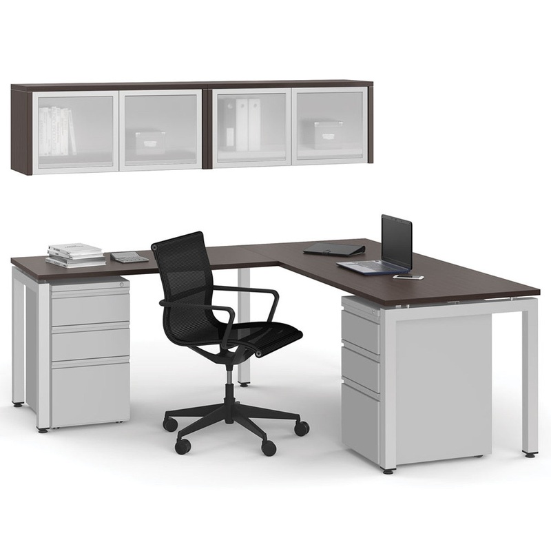 Variant L Shaped Desk with Metal Pedestals & Wall Mounted Hutch Arcadia White