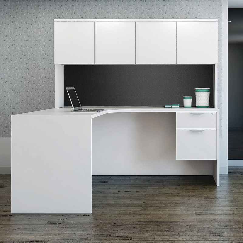 OS Laminate L Shaped Office Desk with Drawer Hanging Pedestal, Hutch & Tack Board Arcadia White